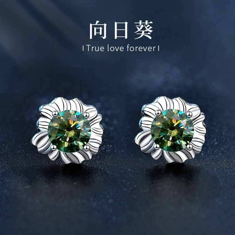 Sunflower 925 Sterling Silver Earrings, Unique Design, Ins-style Cute and Exquisite Green Moissanite Earrings