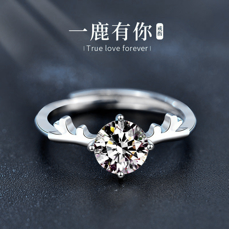 一鹿有你莫桑石开口戒指925纯银韩版森系鹿角女戒圣诞节礼物饰品