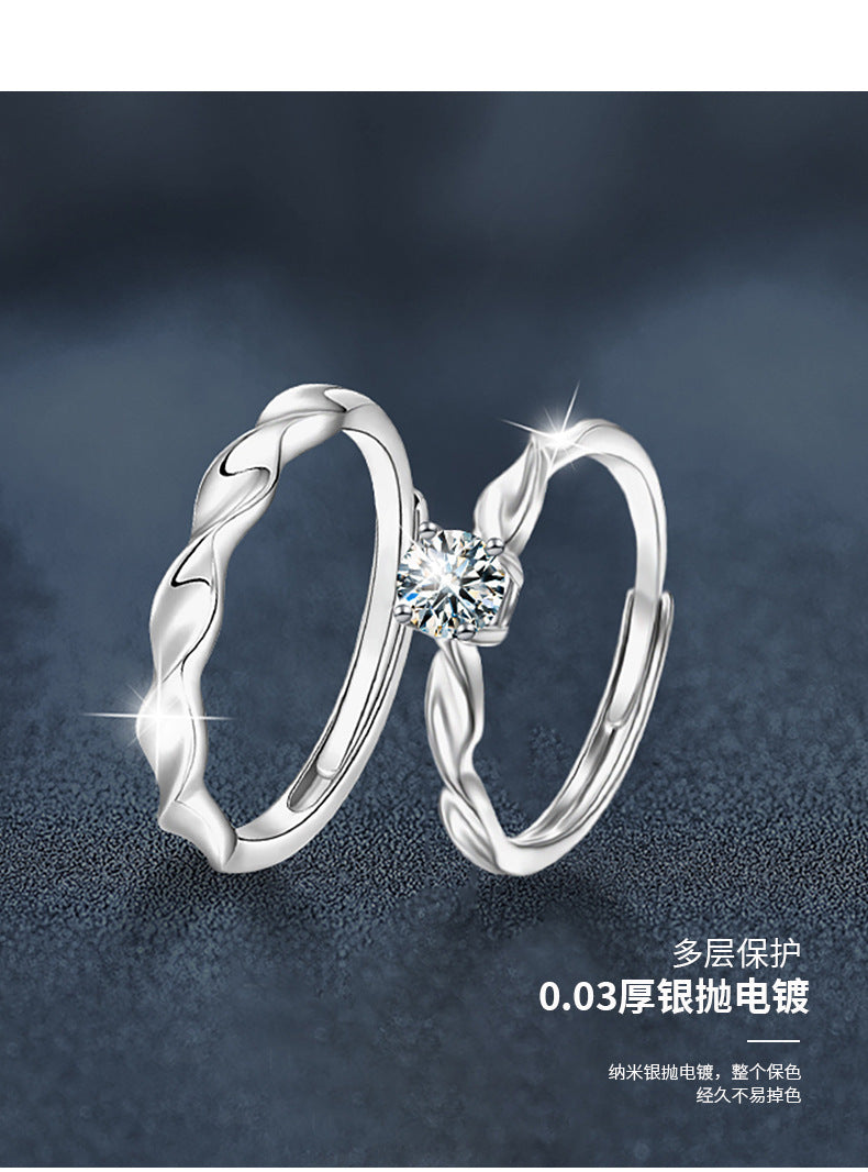 S925 Sterling Silver Braided Moissanite Couple Rings Korean Style Temperament Simple Men and Women Couple Rings Open Adjustable Finger Rings