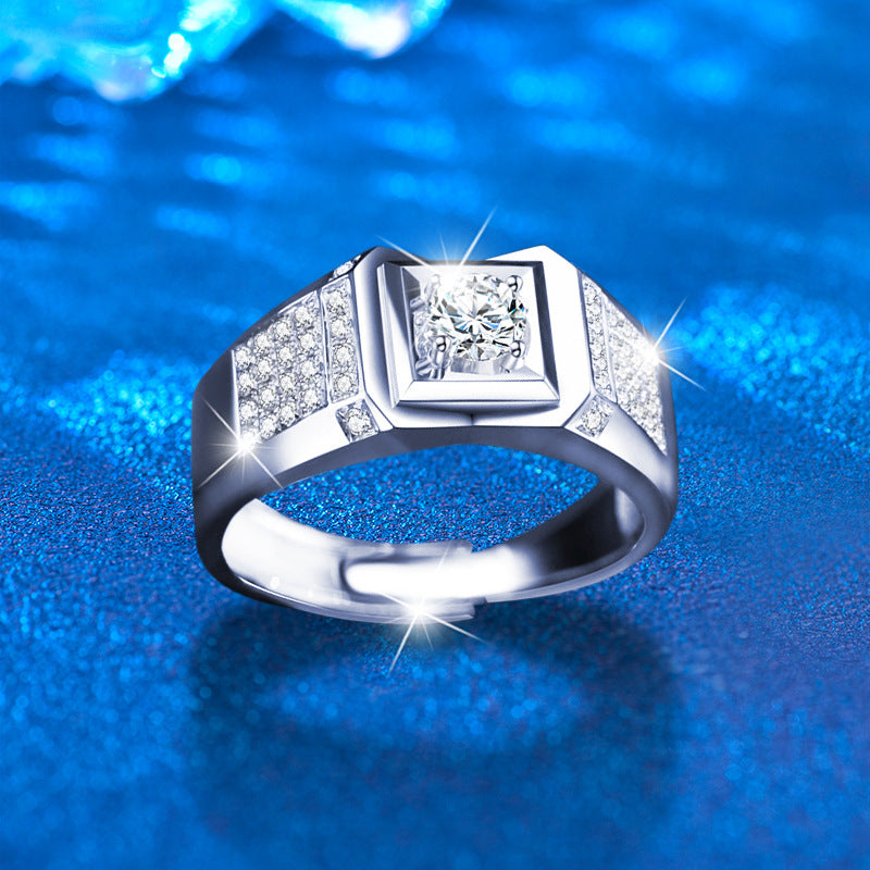 925 Sterling Silver Ring for Men, Trendy and High-End,痞帅 Moissanite Open Adjustable Finger Ring, Cross-border Jewelry