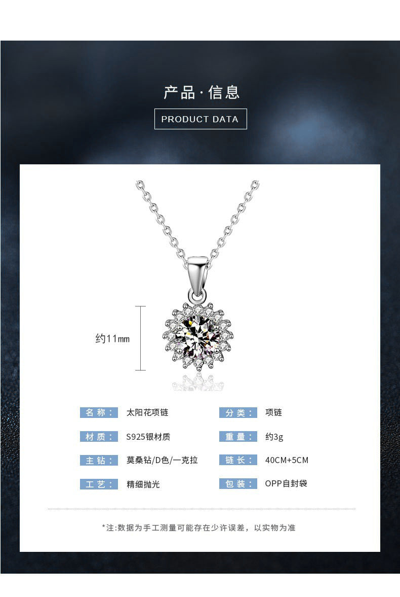 Moissanite 925 Sterling Silver Sunflower Necklace, European and American Flower Pendant, Cross-border Clavicle Necklace for Women