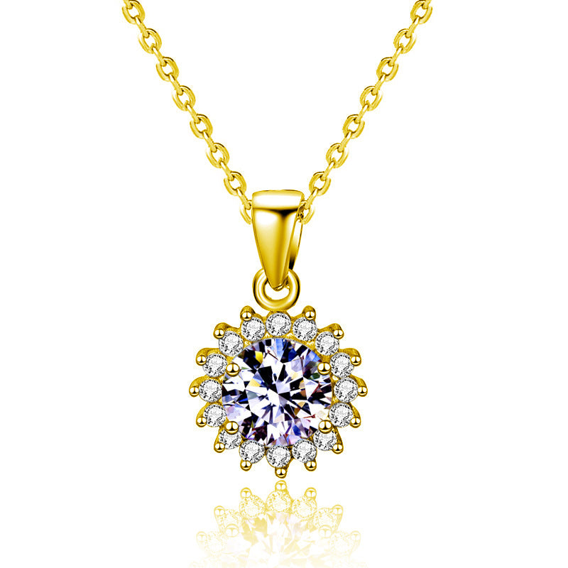 Moissanite 925 Sterling Silver Sunflower Necklace, European and American Flower Pendant, Cross-border Clavicle Necklace for Women