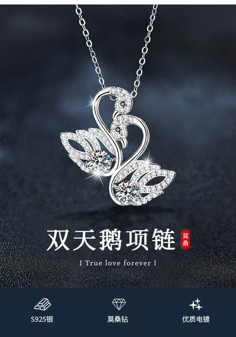 925 Silver Moissanite Double Swan Necklace, Women's Lightweight Luxury, Unique, Non-fading, Versatile Pendant, Collar Chain, DIY Accessories