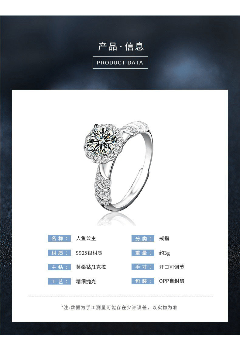 Original 925 Sterling Silver Ring, Moissanite Mermaid Princess Open Ring, Unique Couple Ring, 1 Carat Unique Jewelry