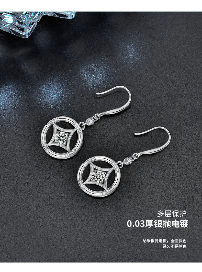 925 Silver Chinese Retro Earrings Copper Coin Tassel Earrings New Moissanite Stud Earrings Simple and Versatile Accessories