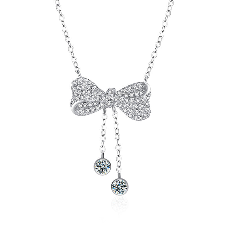 Women's Moissanite Jewelry Necklace 925 Silver Tassel Bow Pendant Luxury Collar Chain