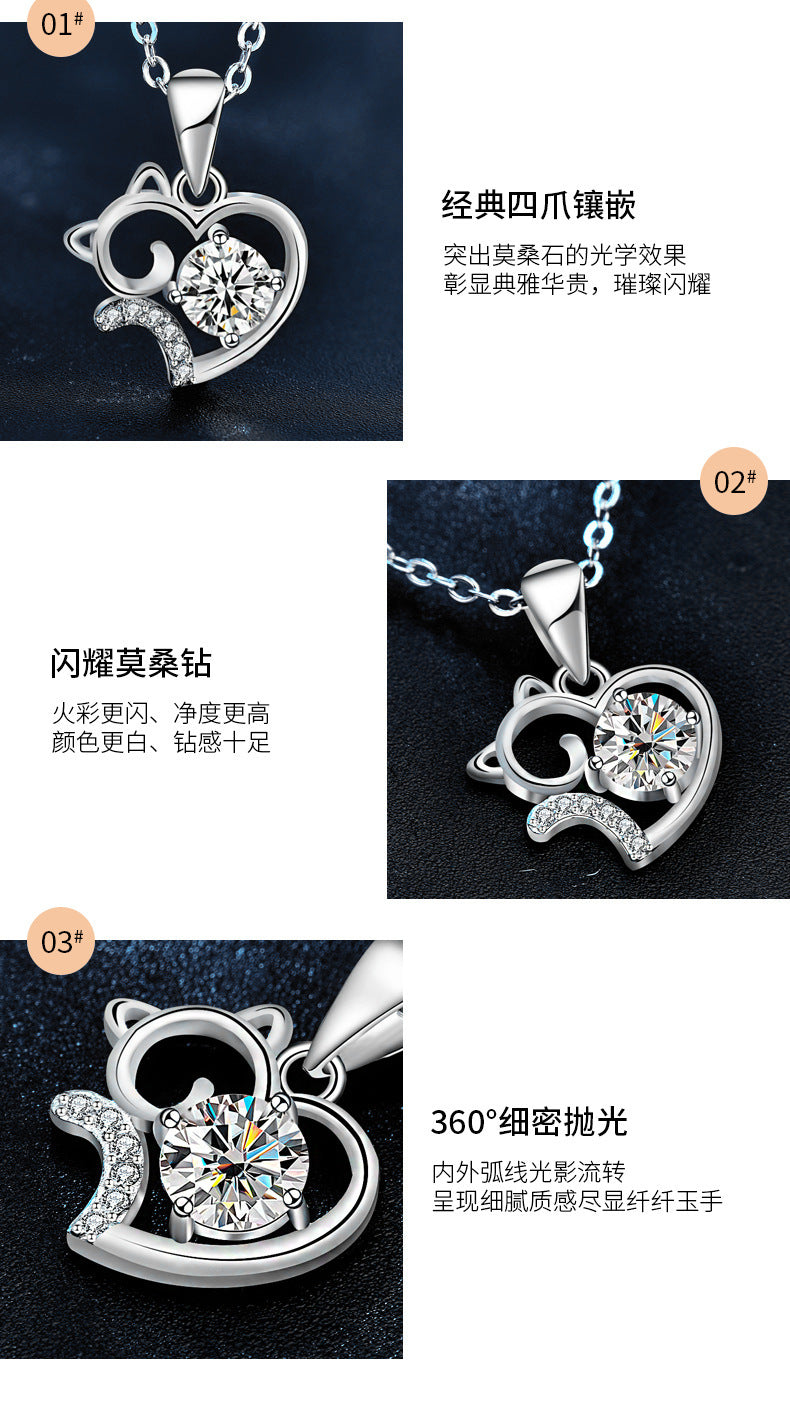 Cute Cat 925 Sterling Silver Necklace Summer Unique Moissanite Collar Pendant Jewelry Birthday Gift for Girlfriend