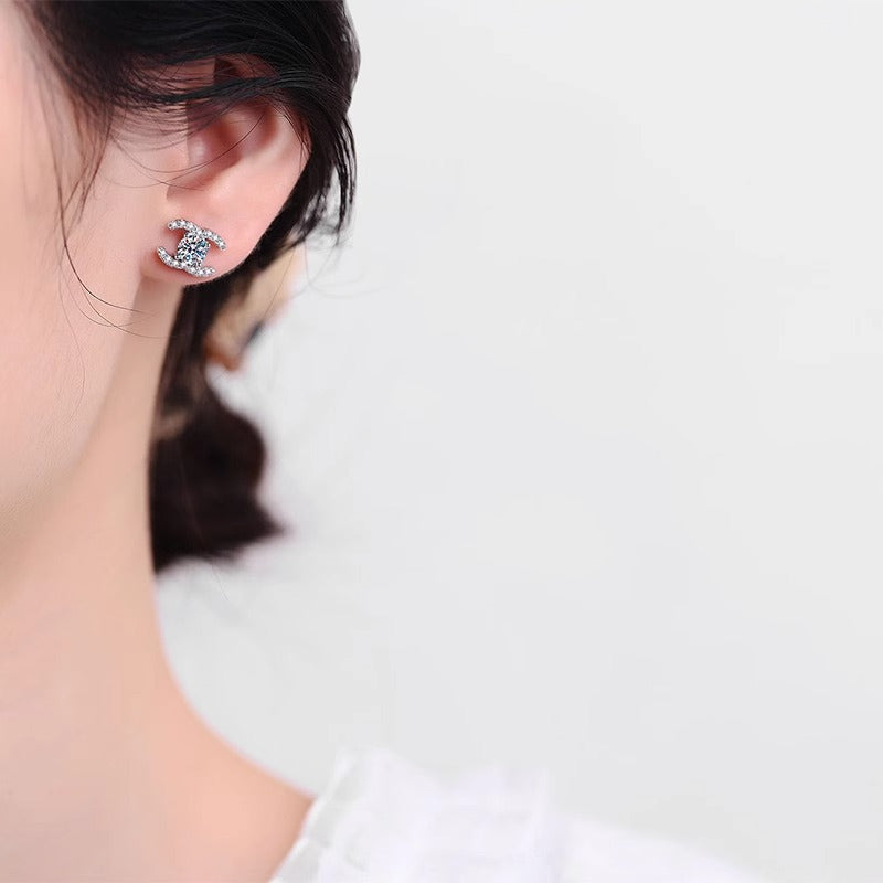 Moissanite Stud Earrings 925 Sterling Silver High-End Minimalist Temperament Double C Earrings European and American Cross-Border Jewelry