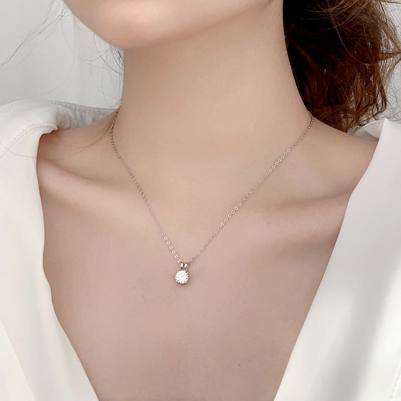 Moissanite 925 Sterling Silver Necklace for Women, Korean and Japanese Small Design Four-Claw Pendant, Simple Clavicle Necklace Jewelry Ins