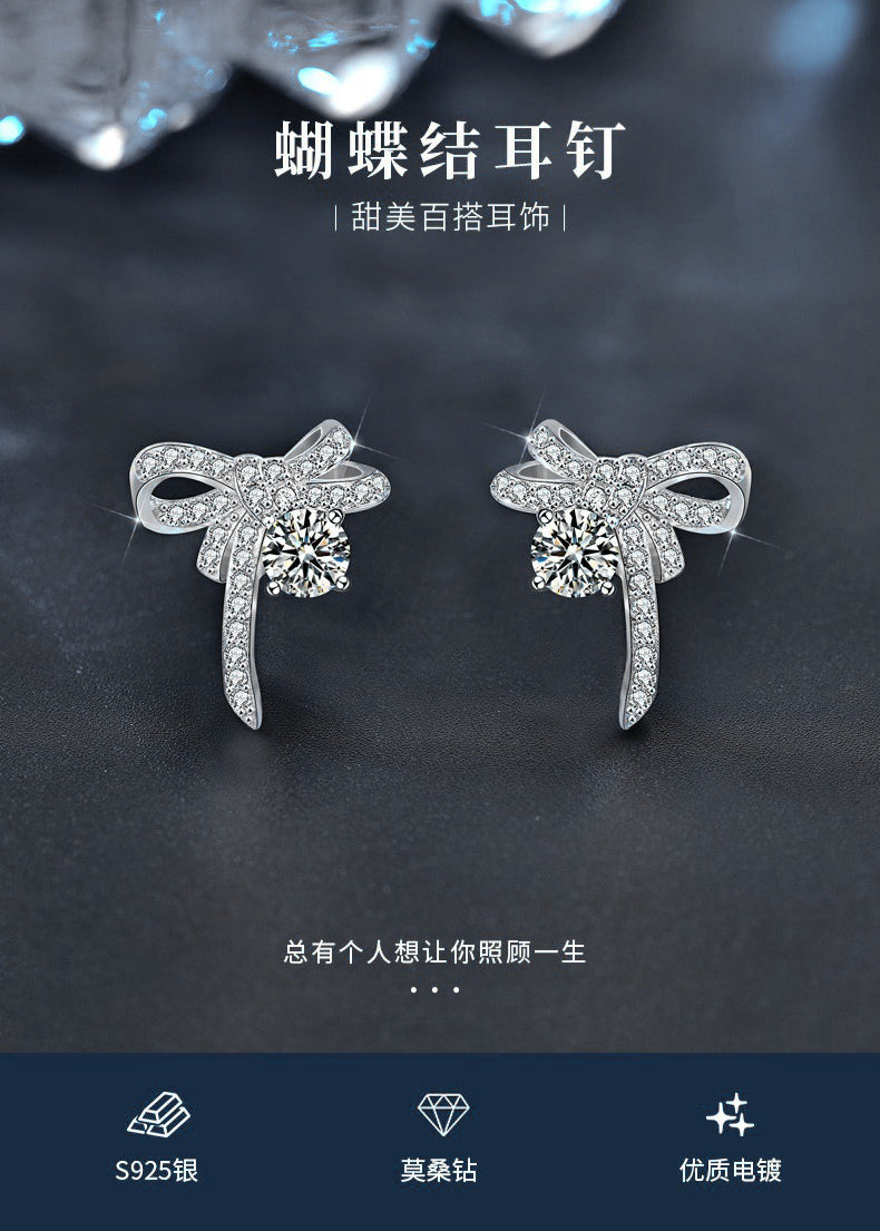 Original jewelry earrings, Korean simple and delicate earring pins, girls' 925 silver needle, elegant moissanite bow earring accessories