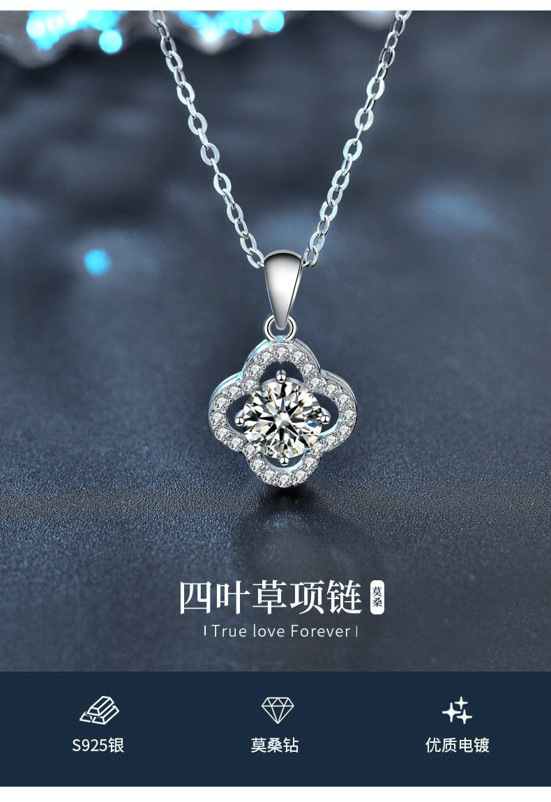 S925 Sterling Silver High-End Four-Leaf Clover Moissanite Necklace Fashionable and Elegant Xiaohongshu Style Clavicle Chain