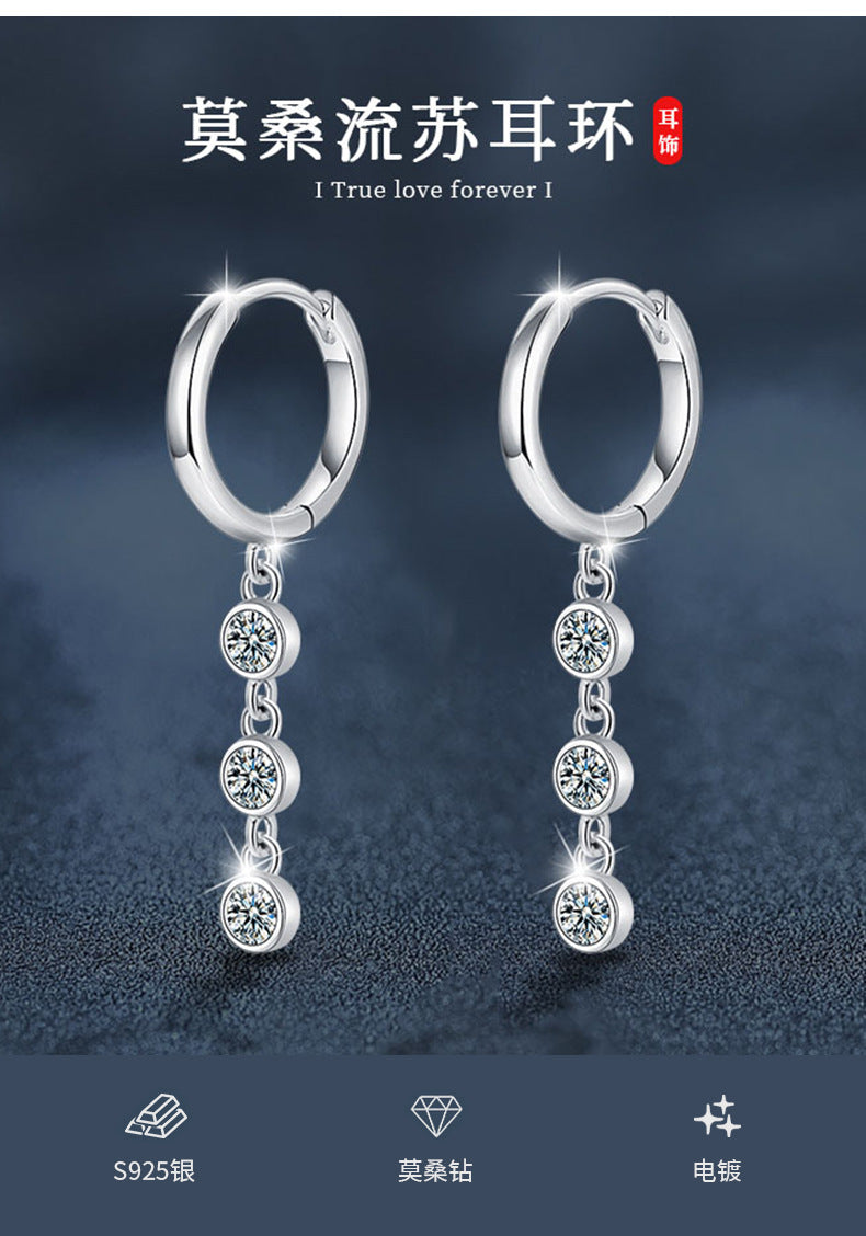 Moissanite Tassel Earrings, High-End 925 Sterling Silver, Minimalist Korean Style, Fresh and Elegant Earrings
