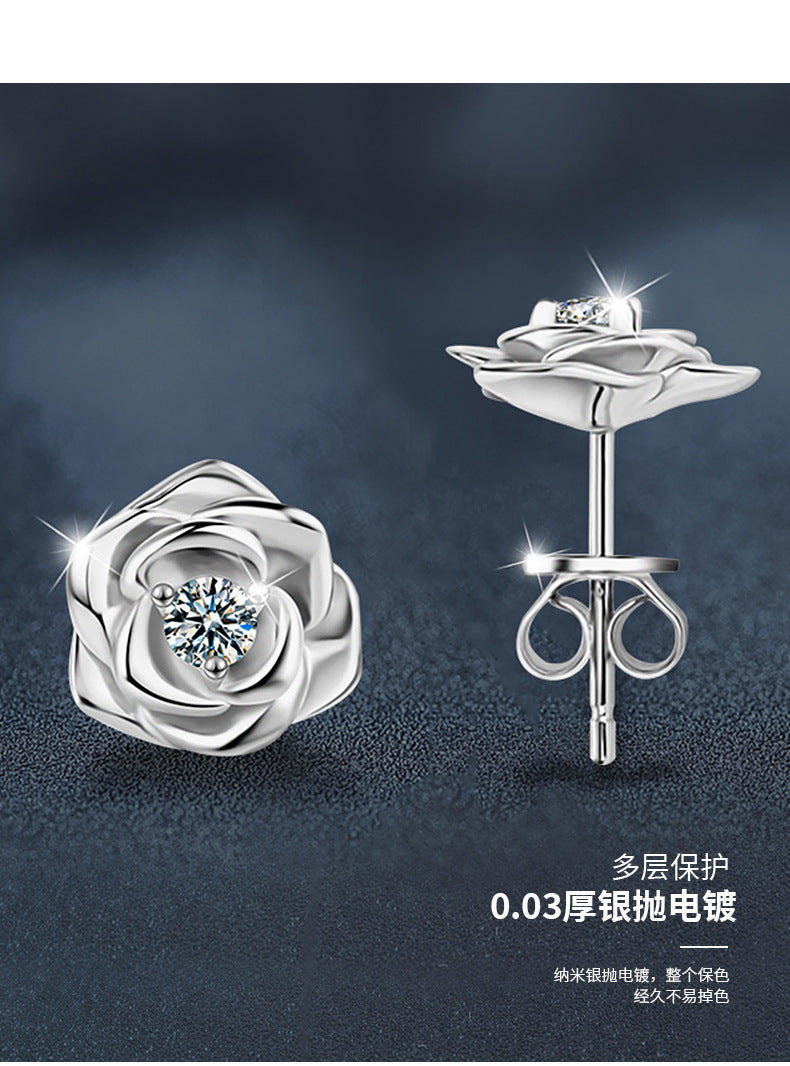 Moissanite Rose Earrings S925 Sterling Silver Niche Temperament Light Luxury High-End Earrings for Women