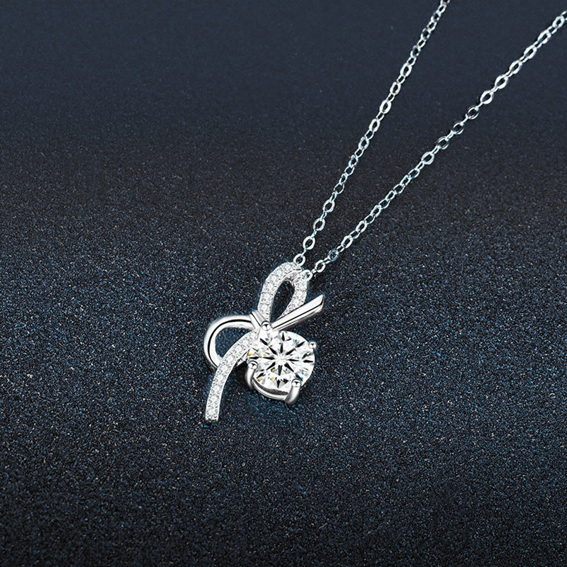 S925 Sterling Silver Luxury Bow Pendant Moissanite Necklace for Women, Unique Design, High-end Style, Cross-border Accessories