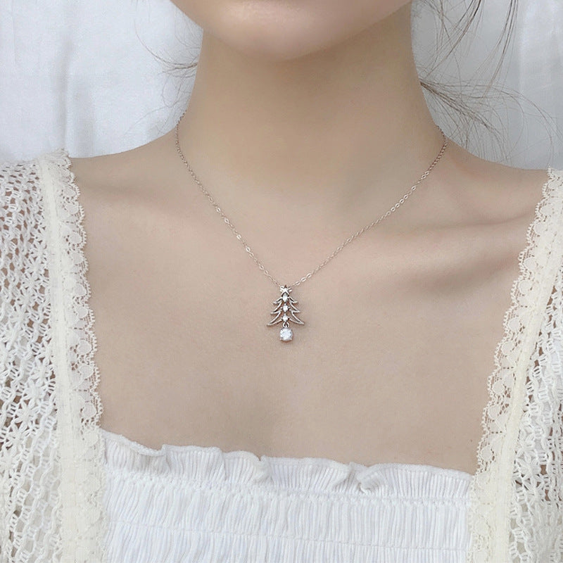 925 Silver Christmas Tree Necklace Pendant Jewelry, New European and American Style Moissanite Collar Accessories, Ins Christmas Gift