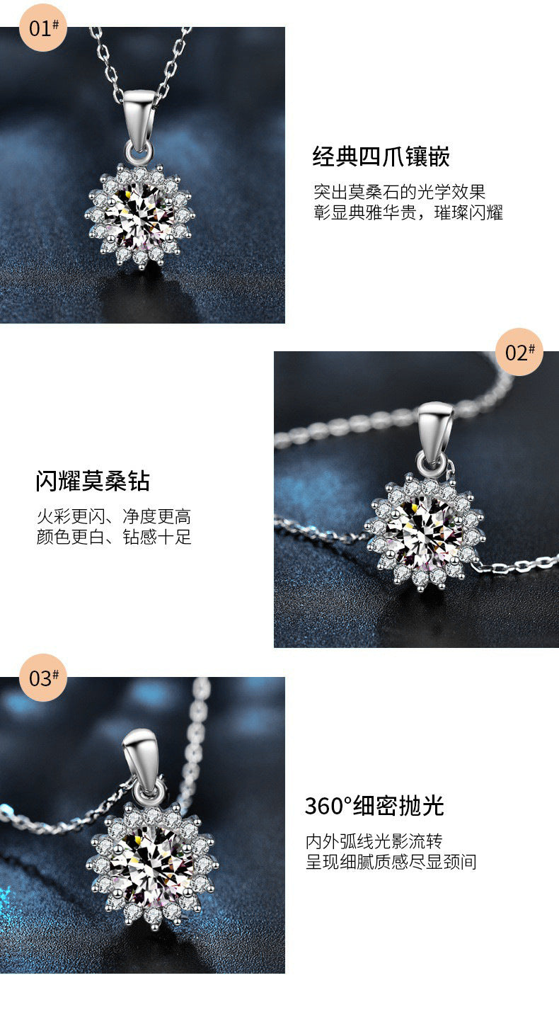 Moissanite 925 Sterling Silver Sunflower Necklace, European and American Flower Pendant, Cross-border Clavicle Necklace for Women