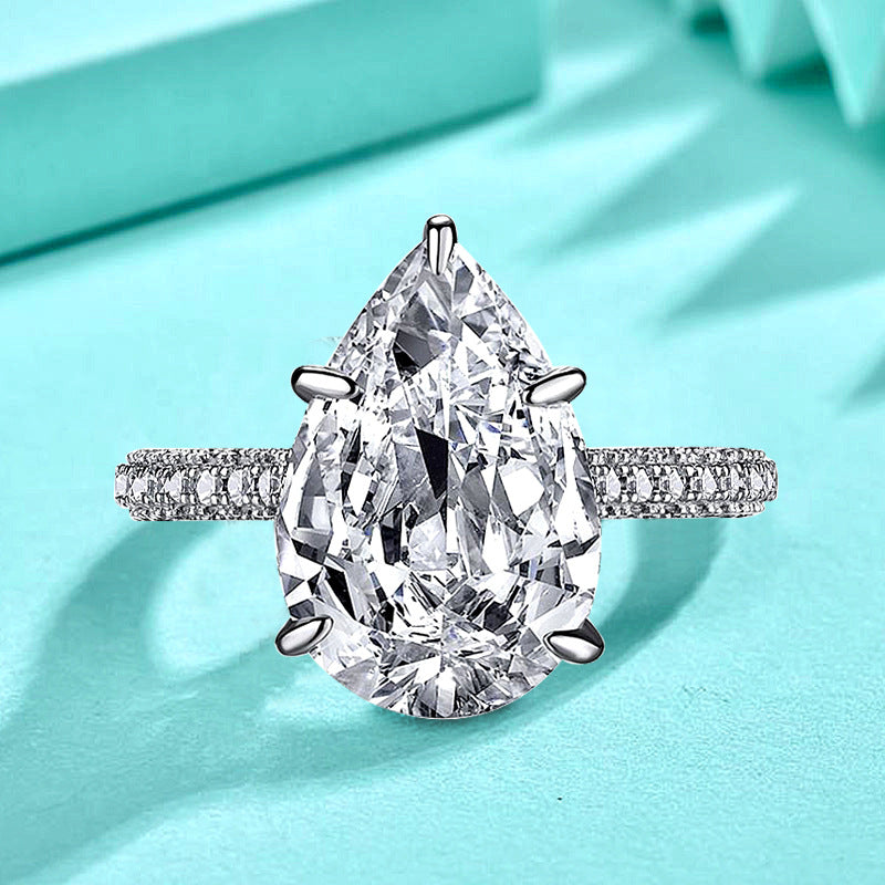 925 Sterling Silver Teardrop Tapered Zircon Ring Women's Exaggerated Personality Dove Egg Five-Claw Diamond Ring Platinum Cross-Border Jewelry