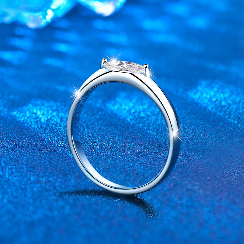 S925 Sterling Silver Ring Women's Light Luxury High-End Inlaid Marquise Moissanite Simulated Diamond Ring Silver Jewelry