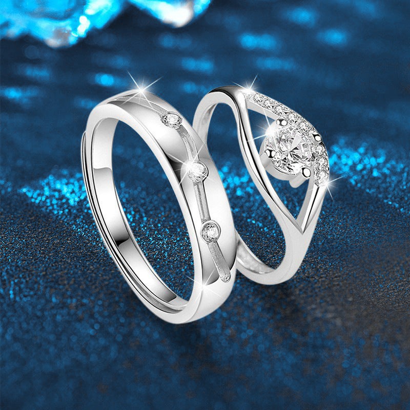 Moissanite couple ring, a pair of pure silver, unique love ring, 925 silver, simple open adjustable cross-border DIY jewelry