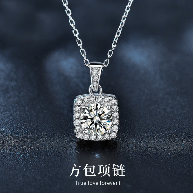 Moissanite 925 Sterling Silver Necklace Women's Ins Style Princess Square Bag Pendant Square Personality Choker Jewelry New Live Stream