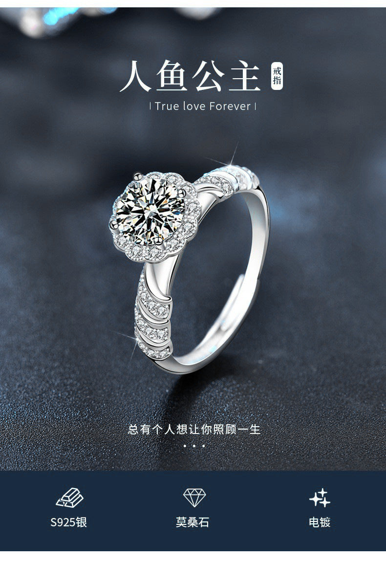Original 925 Sterling Silver Ring, Moissanite Mermaid Princess Open Ring, Unique Couple Ring, 1 Carat Unique Jewelry