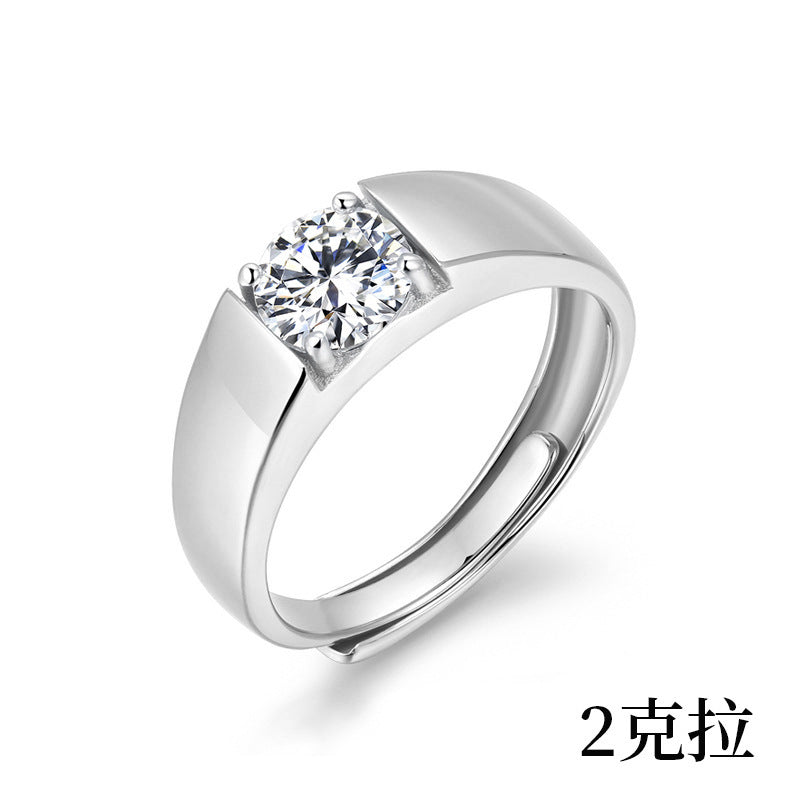 925 Sterling Silver Men's Platinum-tone Moissanite Ring Korean Style Polished Simple Open Ring Trendy Jewelry Couple