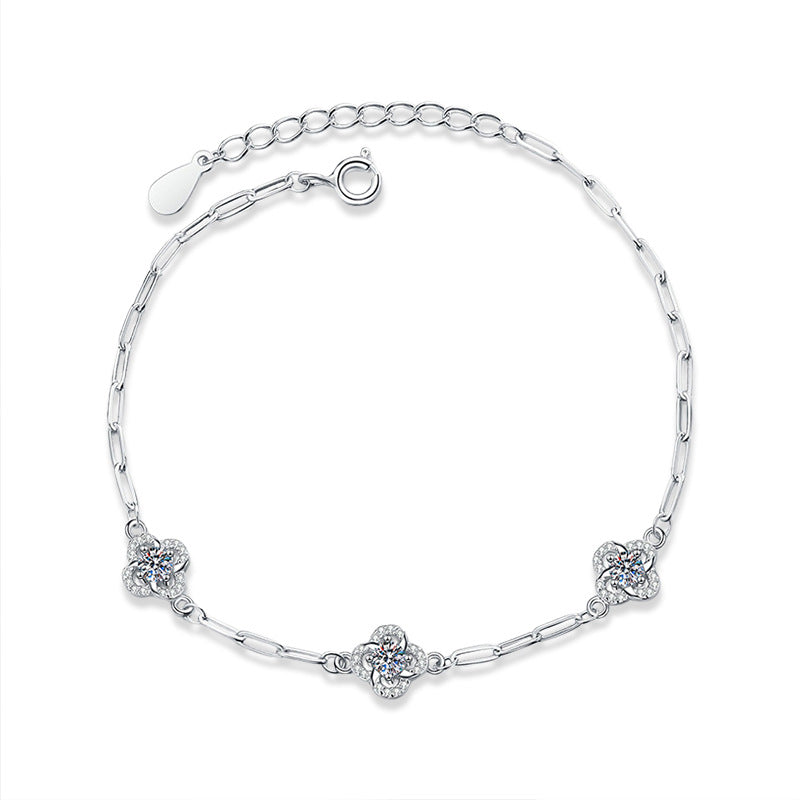 Cross-border S925 Sterling Silver Moissanite Four-Leaf Clover Bracelet High Version Non-Fading Bracelet Queen's Day Jewelry