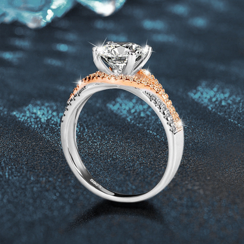 Moissanite Ring Jewelry, Bold and Unique, Split Two-Color Diamond Ring, 925 Sterling Silver, INS Style Ring