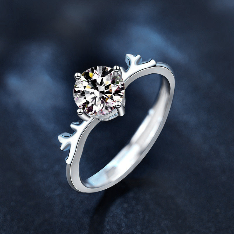 "With You Deer" Moissanite Open Ring 925 Sterling Silver Korean Style Mori Girl Antler Women's Ring Christmas Gift Jewelry