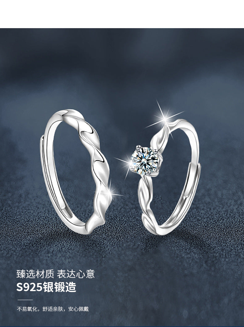 S925 Sterling Silver Braided Moissanite Couple Rings Korean Style Temperament Simple Men and Women Couple Rings Open Adjustable Finger Rings