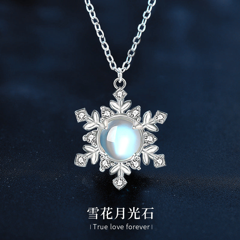 Moonstone Snowflake Necklace for Women, S925 Sterling Silver Pendant, Korean Style Fresh Clavicle Necklace, Christmas Gift Jewelry