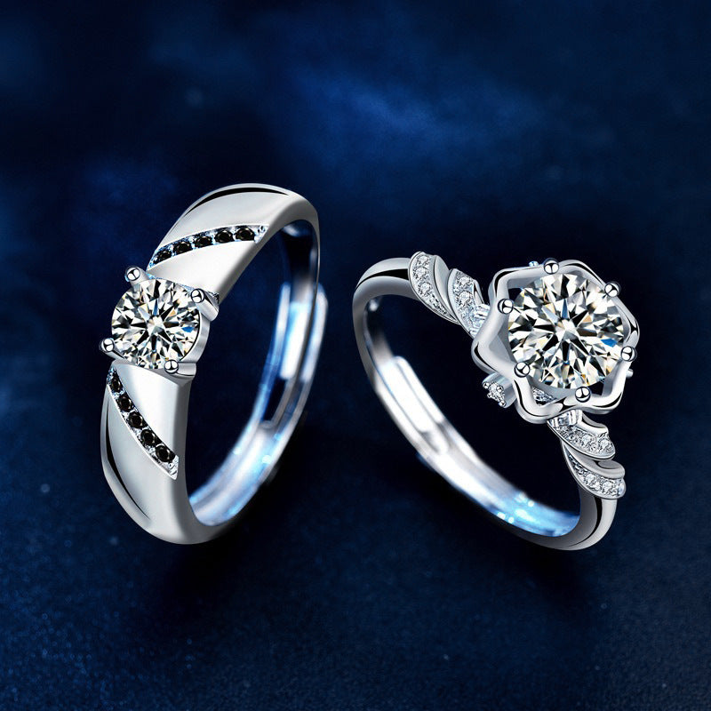 925 Sterling Silver Original Moissanite Couple Rings Ins Silver Jewelry Couple Rings Wedding Dress Suit Jewelry Open Finger Rings Accessories
