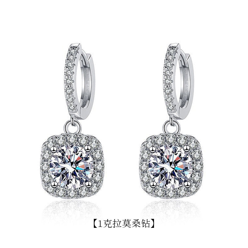 s925 Silver Earrings, Classic Square Pendant Earrings, Women's Lightweight Luxury High-end Long Stud Earrings with Moissanite Inlay
