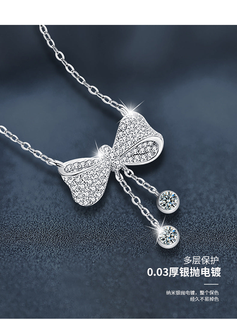 Women's Moissanite Jewelry Necklace 925 Silver Tassel Bow Pendant Luxury Collar Chain