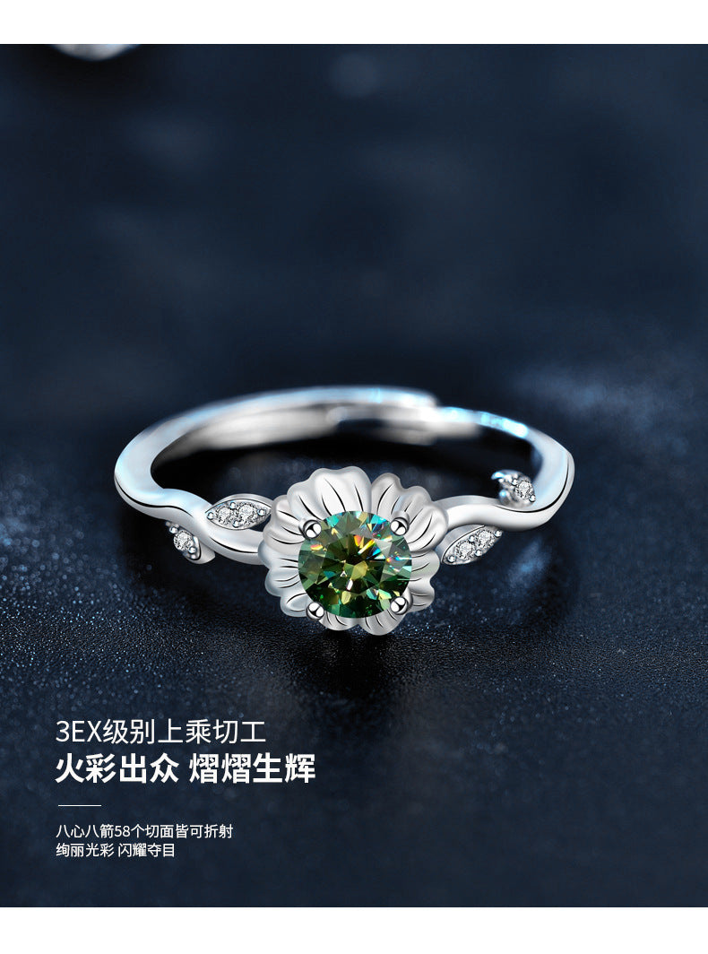 925 Sterling Silver Sunflower Ring for Women, Vintage Personalized Sunflower Open Ring, Emerald Moissanite Jewelry