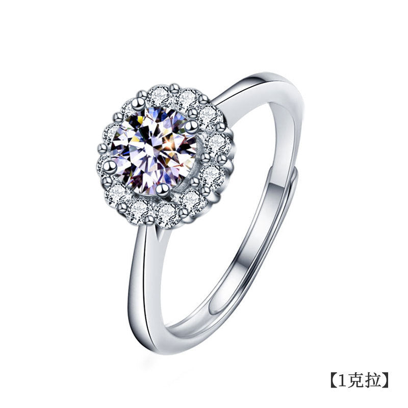 925 Sterling Silver Sunflower Ring Women's European and American Fashion Four-Claw Open Moissanite Diamond Ring Simulated Diamond Finger Ring