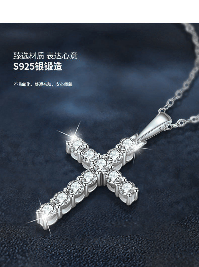 Moissanite 925 Sterling Silver Cross Necklace Pendant Women's Cross-border European and American Jewelry Wholesale Clavicle Chain Simple and Versatile
