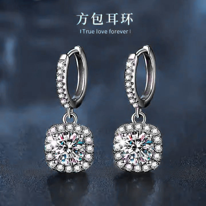 s925 Silver Earrings, Classic Square Pendant Earrings, Women's Lightweight Luxury High-end Long Stud Earrings with Moissanite Inlay