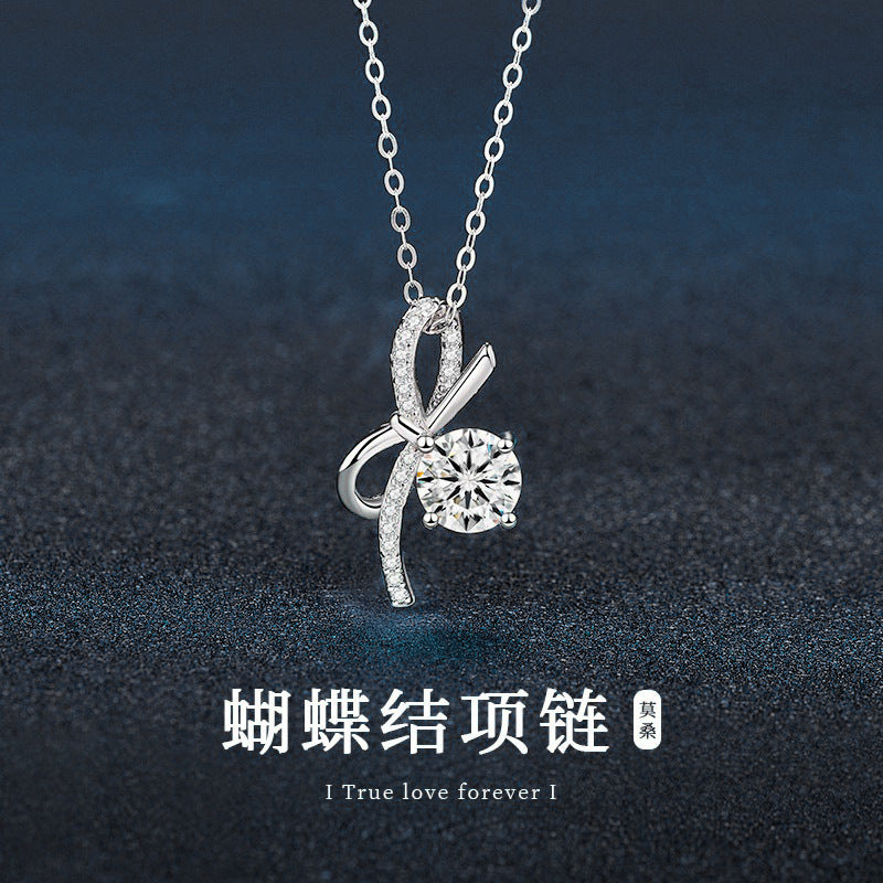 S925 Sterling Silver Luxury Bow Pendant Moissanite Necklace for Women, Unique Design, High-end Style, Cross-border Accessories