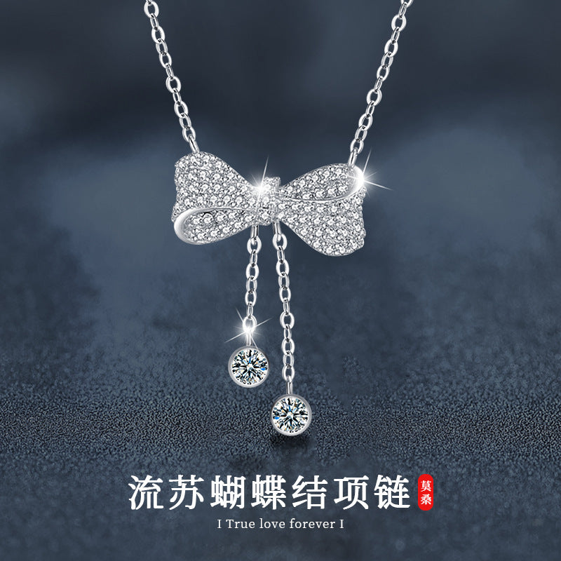 Women's Moissanite Jewelry Necklace 925 Silver Tassel Bow Pendant Luxury Collar Chain