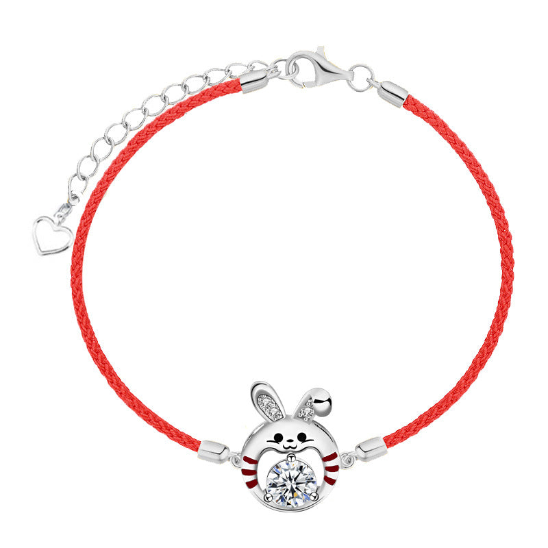 Moissanite Diamond Lucky Rabbit Couple Wristband 925 Pure Silver Bracelet High Version National Trend Zodiac Rabbit Year of Birth Ornament