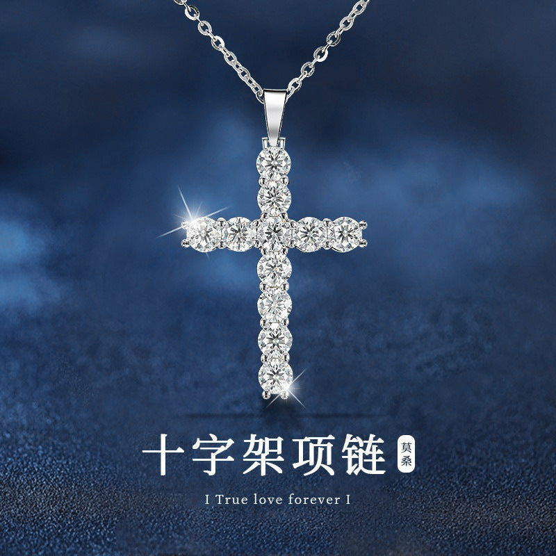 Moissanite 925 Sterling Silver Cross Necklace Pendant Women's Cross-border European and American Jewelry Wholesale Clavicle Chain Simple and Versatile