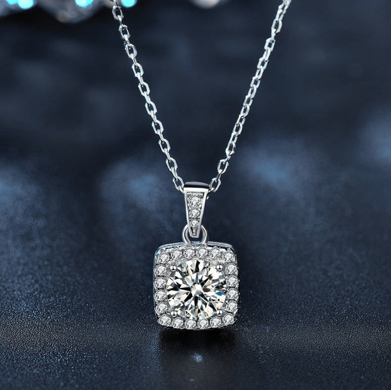 Moissanite 925 Sterling Silver Necklace Women's Ins Style Princess Square Bag Pendant Square Personality Choker Jewelry New Live Stream