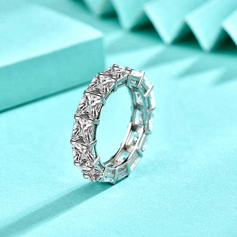925 Sterling Silver European and American Foreign Trade Full Diamond Zircon Ring Princess Square Ring Fashion Hip Hop Jewelry Cross-border Wholesale