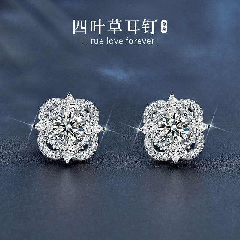 925 Silver Women's Four-leaf Clover Earrings, High-end Moissanite Jewelry, Stylish Korean-style Earrings