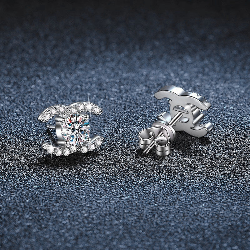 Moissanite Stud Earrings 925 Sterling Silver High-End Minimalist Temperament Double C Earrings European and American Cross-Border Jewelry