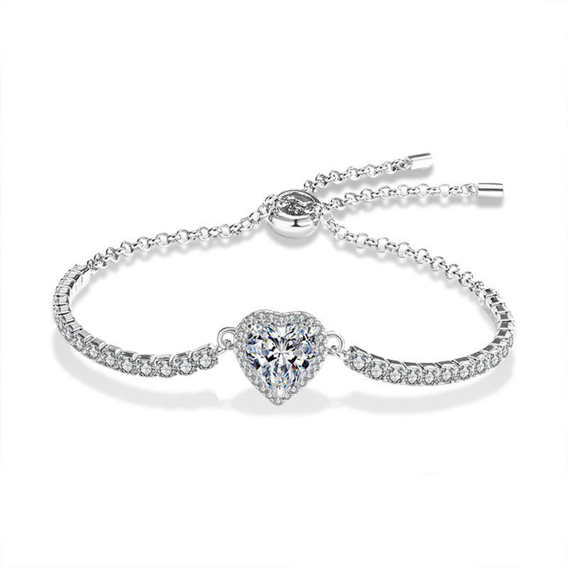 s925 Sterling Silver Heart Bracelet for Women, Simple and Versatile Silver Bracelet with Moissanite Inlay, Cross-border Jewelry