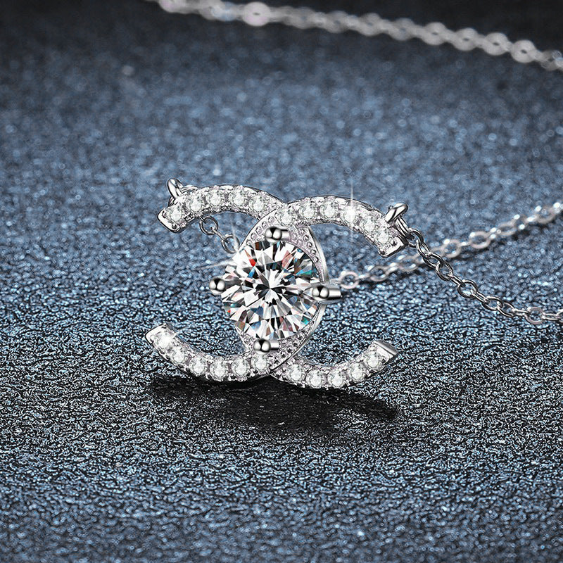 Cross-border New 925 Sterling Silver Necklace Chanel Style Double C Clavicle Chain Moissanite Pendant 1 Carat D Color