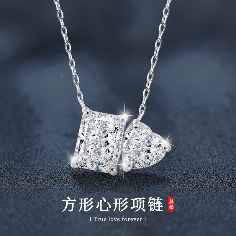 Cross-border Jewelry Moissanite Necklace 925 Sterling Silver Women's Pendant Rectangle Heart Clavicle Chain European and American Hot-selling Necklace