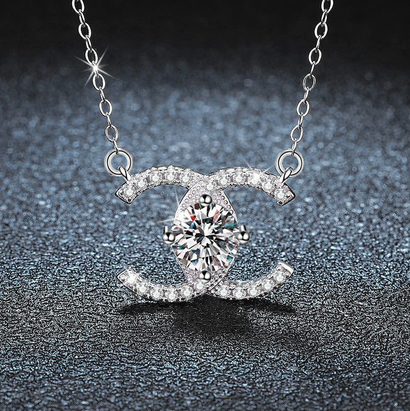 Cross-border New 925 Sterling Silver Necklace Chanel Style Double C Clavicle Chain Moissanite Pendant 1 Carat D Color
